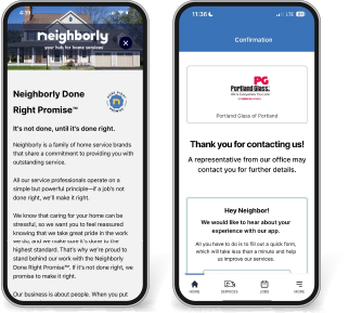 Neighborly App job progress marked 'Service Pro assigned' displayed on smartphone screen.