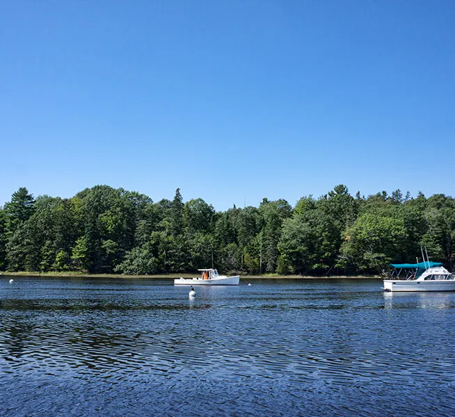 View Of A Lake With Blue Skies And Boats.